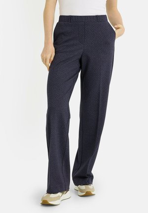 Pantalones azul marino con un patrón sutil, hechos de una tela suave. Presentan un corte recto en las piernas y bolsillos laterales.