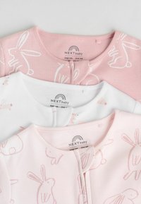 Drei Babybodys: zwei hellrosa mit Hasenmuster und einer weiß mit pinken Hasen. Aus weichem Baumwollstoff, runder Hals, Druckknopfverschluss.