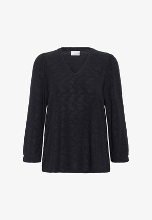 Czarny longsleeve z dekoltem w serek, wykonany z teksturowanej tkaniny o subtelnym wzorze. Luźny krój z marszczonymi rękawami i prostym dołem.