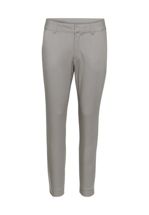 Pantaloni su misura grigio chiaro con vestibilità dritta, realizzati in un tessuto morbido, dotati di tasche anteriori e passanti per cintura, senza abbellimenti visibili.