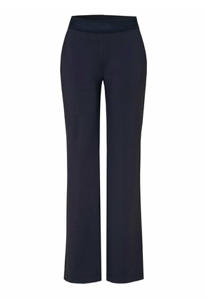 Navy blue wide-leg pants with a soft elastic waistband featuring embossed text. Made from a smooth, lightweight fabric with a subtle sheen.