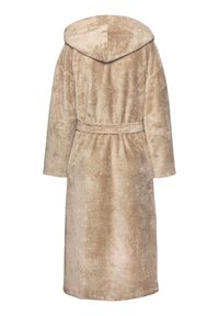 Beige morgonrock med huva i mjukt, strukturerat tyg, med bälte, långa ärmar och knälång design. Bakifrån syns stilens enkelhet.