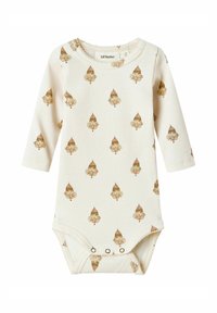 Långärmad bodysuit för spädbarn i krämfärgad ribbad tyg, med bruna och gyllene trädmönster, med tryckknappar i botten och volangkrage.