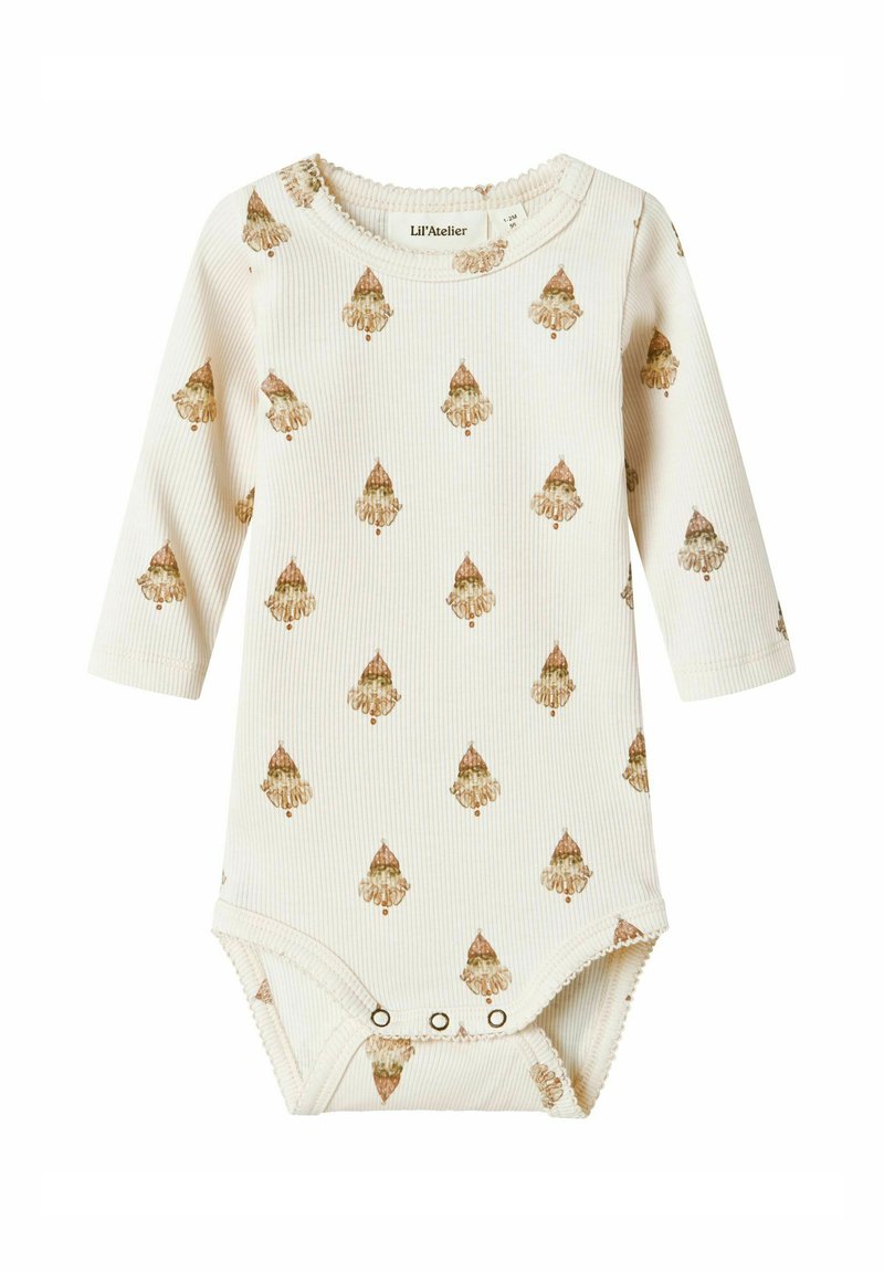 Långärmad bodysuit för spädbarn i krämfärgad ribbad tyg, med bruna och gyllene trädmönster, med tryckknappar i botten och volangkrage.