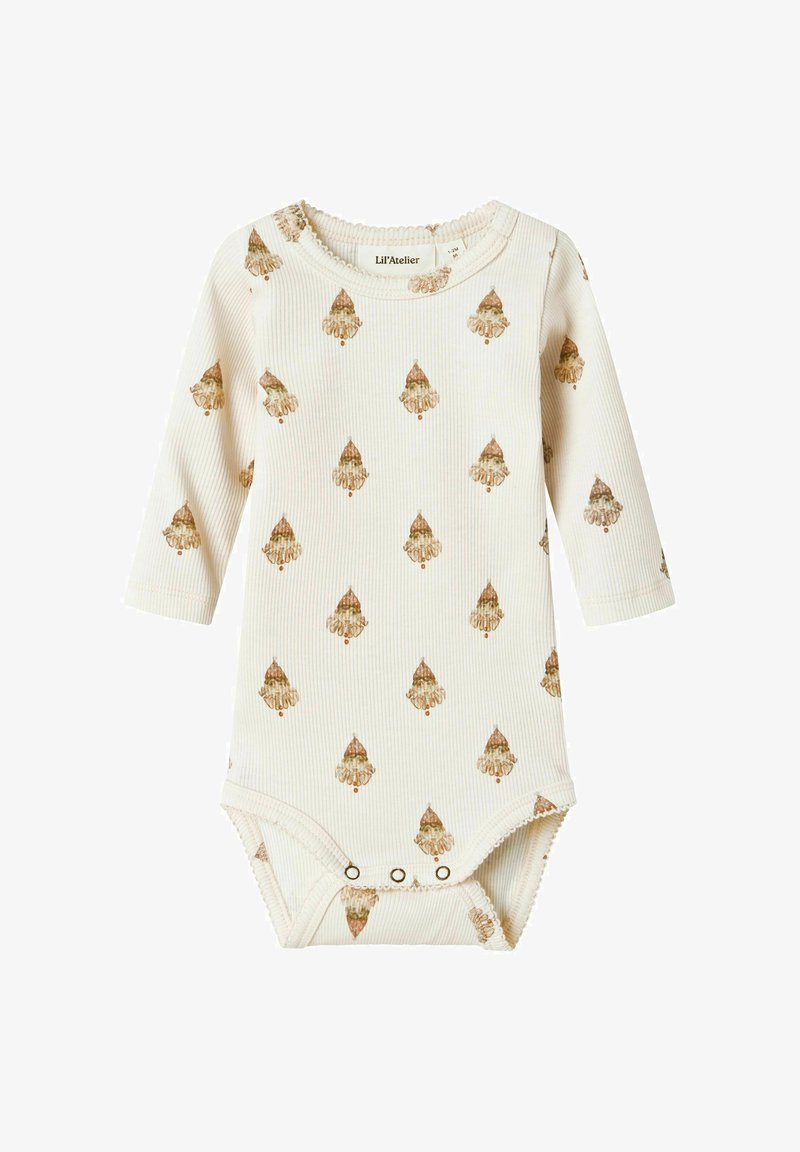 Långärmad bodysuit för spädbarn i krämfärgad ribbad tyg, med bruna och gyllene trädmönster, med tryckknappar i botten och volangkrage.