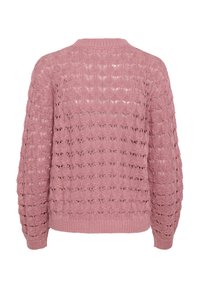 Maglione rosa lavorato a maglia con un design a traforo, scollatura e polsini a coste e una vestibilità comoda. Motivo testurizzato su tutto il tessuto.