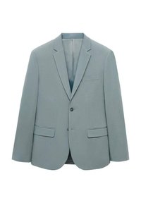 Blazer azzurro chiaro realizzato in tessuto morbido. Presenta rever a punte, una tasca sul petto, due tasche frontali e chiusura a doppio bottone.