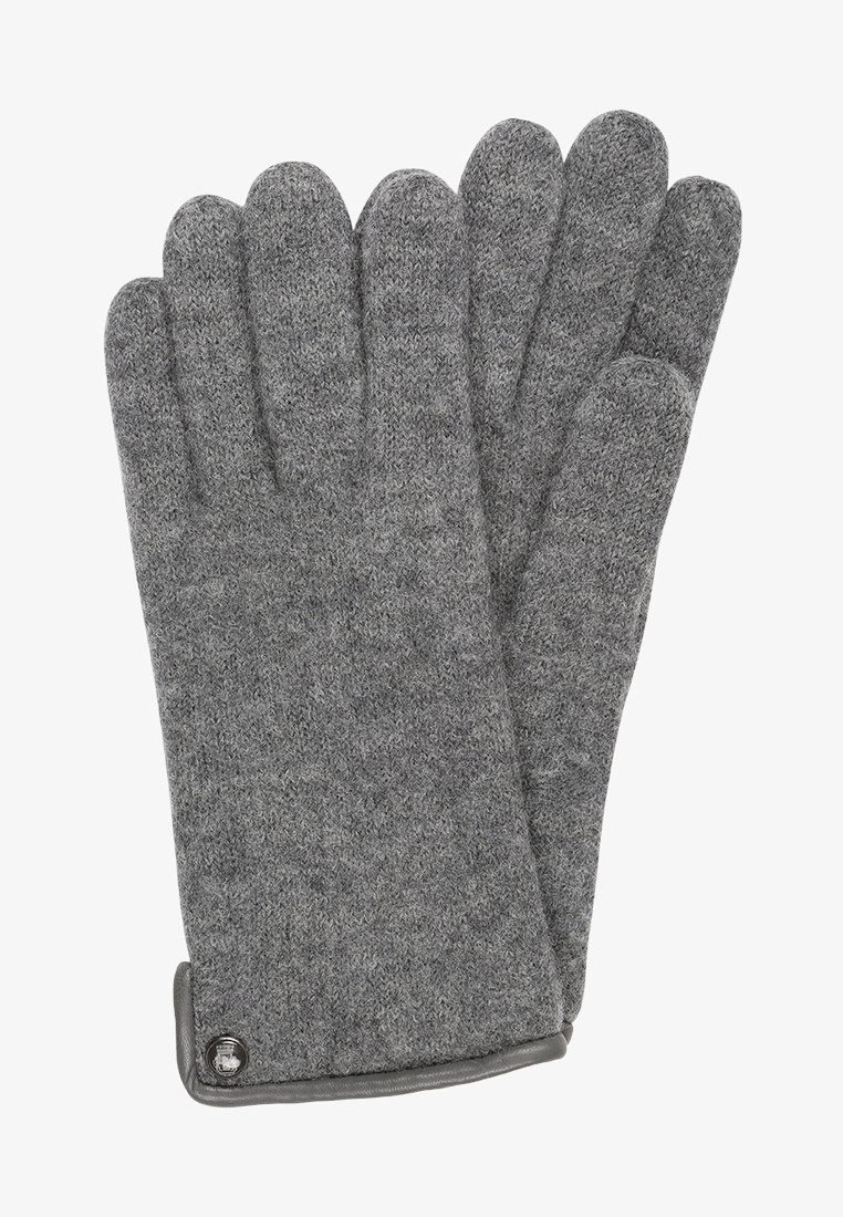 Grau gestrickte Handschuhe mit einem strukturierten Muster, die über separate Fingerlöcher verfügen und einen grauen Bund mit einem Logo-Details am Handgelenk haben.