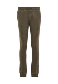 Joggers tapered en vert olive en tissu doux, dotés d'une taille élastique avec cordon de serrage, de poignets côtelés et de détails de couture contrastants.