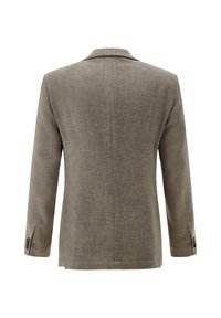 Brownish-gray blazer with long sleeves, tailored fit, and button details on cuffs, shown from the back on a white background.