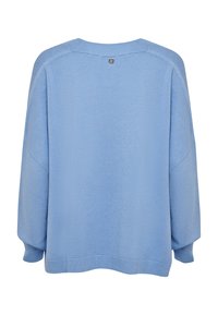 Maglione oversized blu chiaro realizzato in un tessuto morbido. Presenta un colletto rotondo, spalle scese e polsini e orlo a coste.