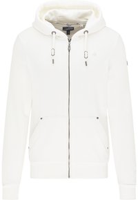 Sweat à capuche blanc zippé avec capuche à cordon, deux poches avant, poignets côtelés et accents de quincaillerie argentés. Texture douce avec finition lisse.