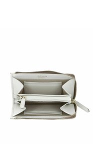 White leather wallet with zip closure, featuring multiple card slots, a coin pocket, and a textured finish. Gold hardware accents.
