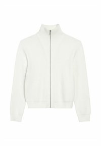 Biała rozpinana bluza z wysokim kołnierzem, z teksturowanym ściągaczem, długimi rękawami i prostym dołem. Prosty design bez dodatkowych zdobień.