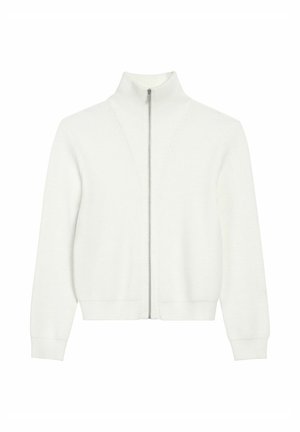 Biała rozpinana bluza z wysokim kołnierzem, z teksturowanym ściągaczem, długimi rękawami i prostym dołem. Prosty design bez dodatkowych zdobień.