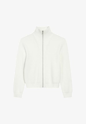 Biała rozpinana bluza z wysokim kołnierzem, z teksturowanym ściągaczem, długimi rękawami i prostym dołem. Prosty design bez dodatkowych zdobień.