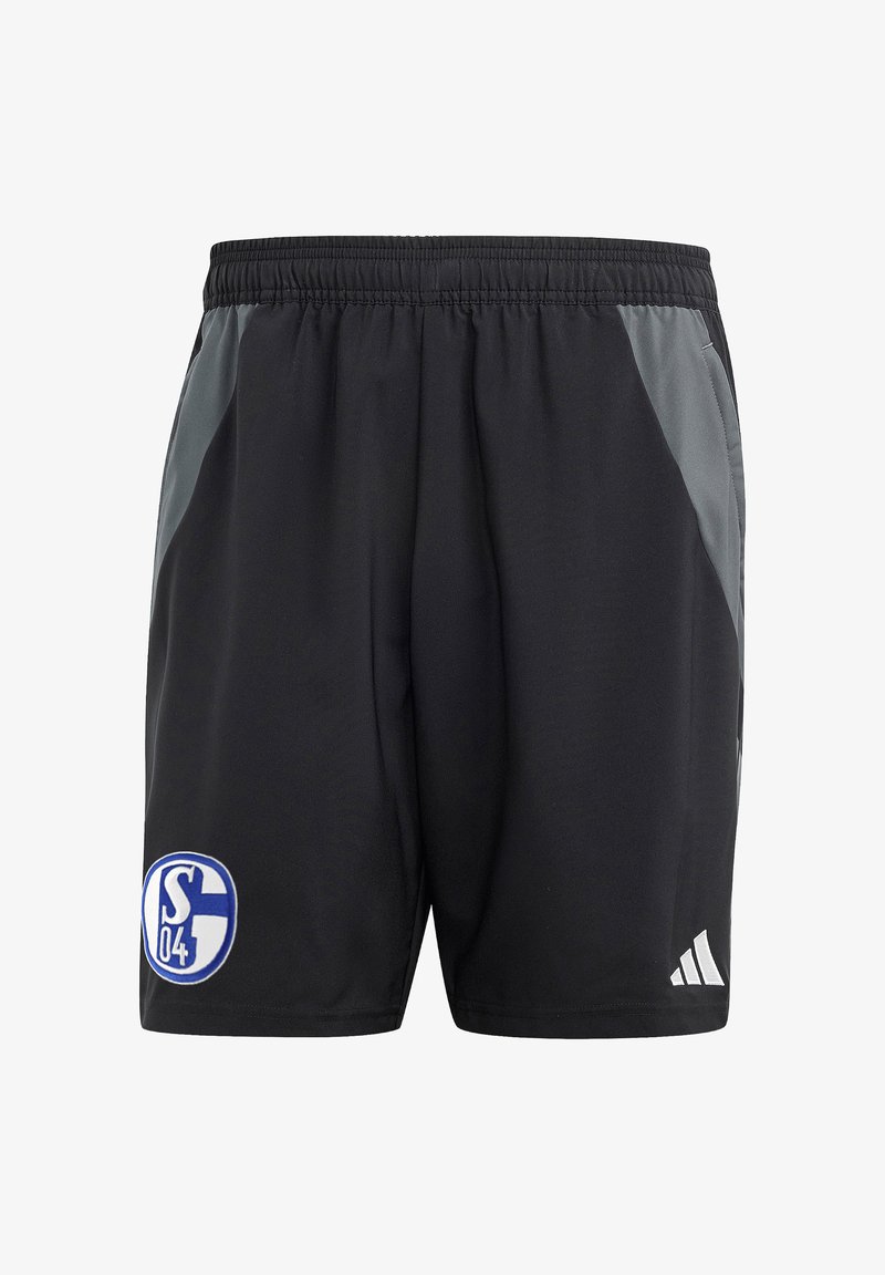 Shorts de sport noirs avec des panneaux latéraux gris, taille élastique, logo du club de football Schalke 04 sur la jambe gauche, et logo Adidas blanc sur la jambe droite.