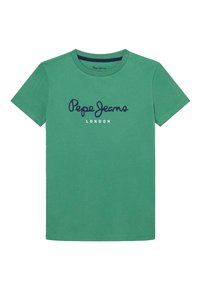 Zielona bawełniana koszulka z krótkim rękawem, z niebieskim napisem "Pepe Jeans LONDON" w casualowej czcionce na piersi.
