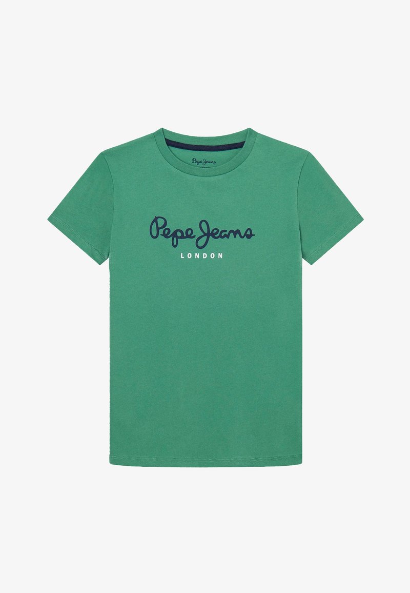 Zielona bawełniana koszulka z krótkim rękawem, z niebieskim napisem "Pepe Jeans LONDON" w casualowej czcionce na piersi.