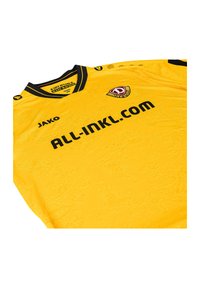 Maillot jaune avec des accents noirs, présentant un motif floral texturé, un col rond et un logo sur la poitrine avec "ALL-INKL.COM" affiché de manière proéminente.