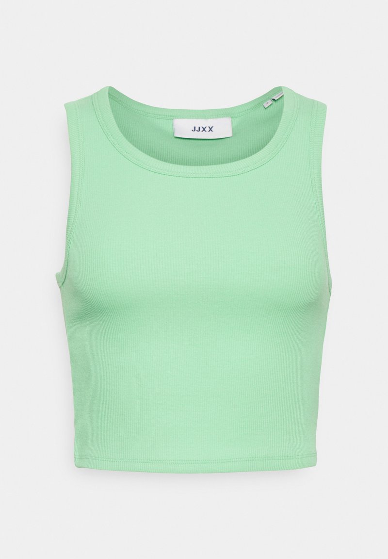 Miętowa, prążkowana crop top z zaokrąglonym dekoltem i szerokimi ramiączkami. Metka widoczna od wewnętrznej strony z tyłu.