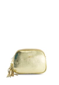 Goldfarbene kosmetische Tasche mit texturierter Oberfläche, ausgestattet mit einem Reißverschluss und einem dekorativen Quast-Detail an der Seite.