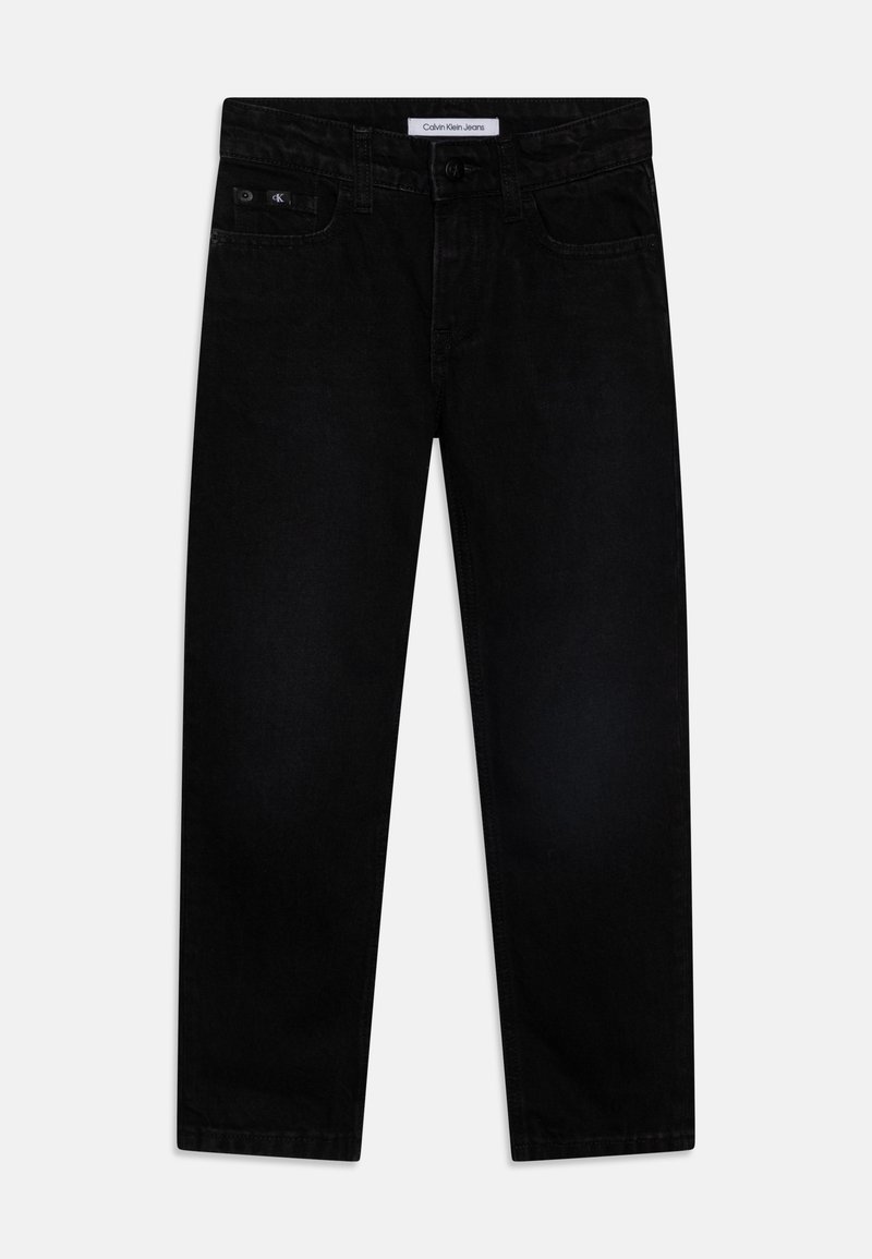 Jeans neri a gamba dritta con tasche frontali e taschino portamonete, chiusura con bottone e cerniera, e etichetta Calvin Klein Jeans sulla cintura.