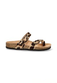 Sandalia de tiras ajustables con estampado de leopardo, suela de corcho, plantilla en color marrón y suela exterior en goma negra texturizada.