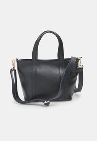 Black textured leather handbag with two top handles and a detachable shoulder strap. Features gold-tone hardware and vertical seam details.