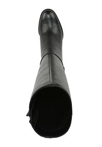 Zwarte leren kniehoog laars met een gladde textuur, ronde neus en een zijrits. Heeft subtiele naaddetails langs de schacht.