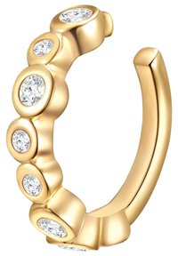 Guldörhänge med fem cirkulära inställningar med klara ädelstenar, slät yta och rundad design med en polerad finish.