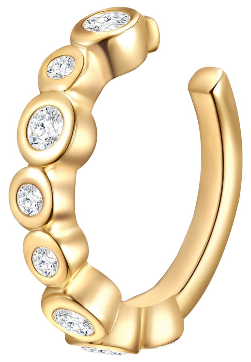 Guldörhänge med fem cirkulära inställningar med klara ädelstenar, slät yta och rundad design med en polerad finish.