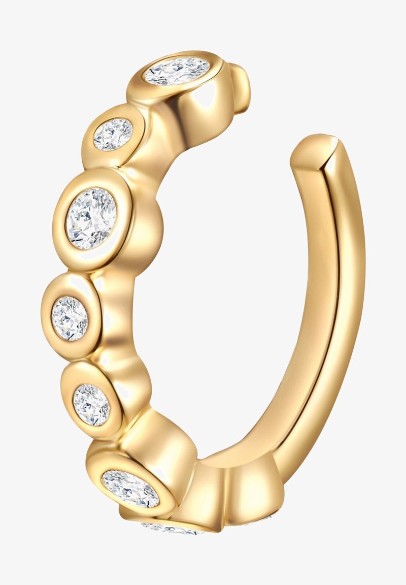 Guldörhänge med fem cirkulära inställningar med klara ädelstenar, slät yta och rundad design med en polerad finish.