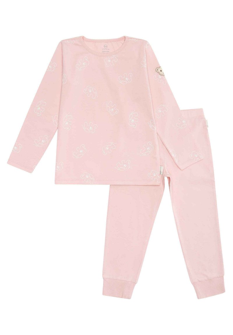 Top de manga larga rosa y pantalones a juego con un patrón de osos, fabricados en una tela suave y ligera. Puños acanalados en las mangas y los pantalones.