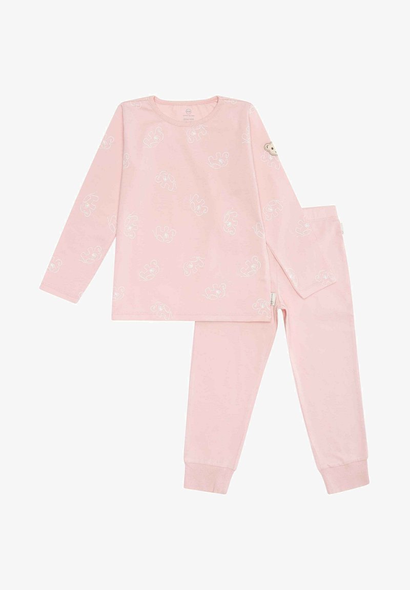 Top de manga larga rosa y pantalones a juego con un patrón de osos, fabricados en una tela suave y ligera. Puños acanalados en las mangas y los pantalones.