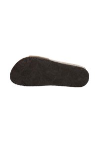 Black rubber shoe sole with textured grip pattern featuring rounded shapes and a curved edge. The surface shows detailed embossing.