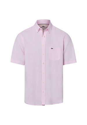 Light pink short-sleeve button-up shirt with a collar and chest pocket featuring a small dark embroidered logo.