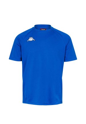 Maglietta sportiva blu a maniche corte con logo Kappa bianco sul lato sinistro superiore del petto e scollo rotondo.