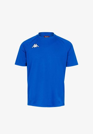 Camiseta deportiva azul de manga corta con el logo de Kappa en blanco en la parte superior izquierda del pecho y cuello redondo.
