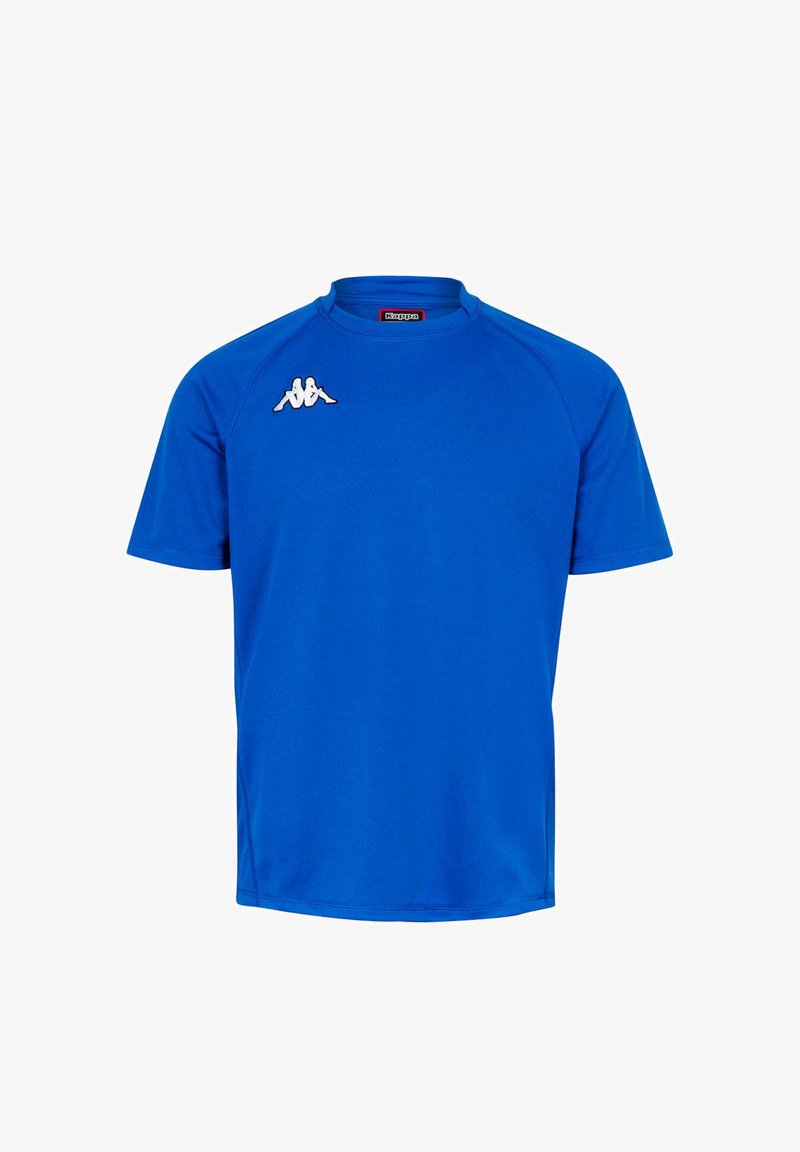 T-shirt de sport bleu à manches courtes avec le logo Kappa blanc sur le haut gauche de la poitrine et col rond.