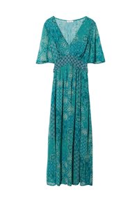 Robe longue turquoise avec un décolleté en V, des manches courtes et une taille empire. Présente des motifs floraux et géométriques dans différentes nuances de vert et de bleu.