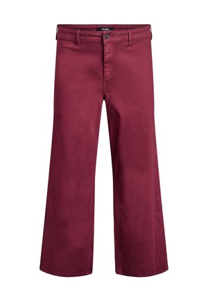 Maroon široke hlače od pamuka. Imaju dugme za zatvaranje, petlje za remen i malu oznaku na pojasu. Glatka tekstura.