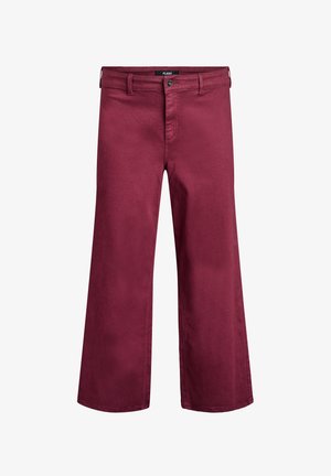 Maroon široke hlače od pamuka. Imaju dugme za zatvaranje, petlje za remen i malu oznaku na pojasu. Glatka tekstura.