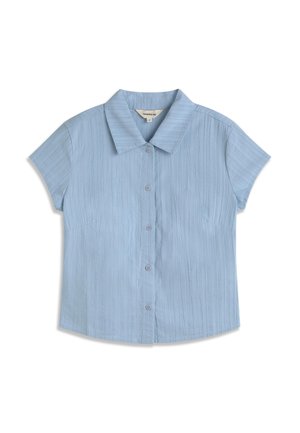 Camicia celeste chiaro a maniche corte con bottoni e righe verticali testurizzate, colletto a punta, mostrata distesa su uno sfondo bianco.