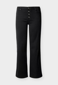 Μαύρο παντελόνι με ίσια γραμμή και ψηλή μέση, με τέσσερα εμφανή κουμπιά μπροστά και τσέπες μπροστά και πίσω, πάνω σε ανοιχτό γκρι φόντο.