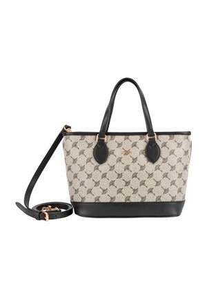 Sac cabas beige et noir à motifs avec poignées noires et bandoulière réglable, avec petits détails en métal doré rose.