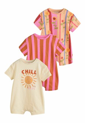 Trzy krótkorękawowe body dziecięce: beżowe z motywem słońca i napisem „CHILL easy DAYS”, różowo-brązowe w paski oraz różowe z kolorowymi pionowymi paskami i kwiatami.