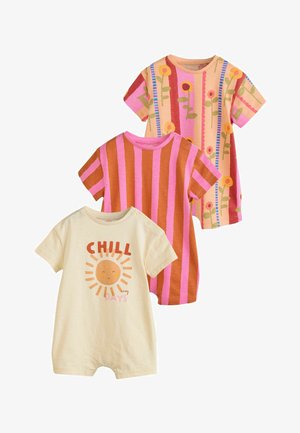 Trzy krótkorękawowe body dziecięce: beżowe z motywem słońca i napisem „CHILL easy DAYS”, różowo-brązowe w paski oraz różowe z kolorowymi pionowymi paskami i kwiatami.
