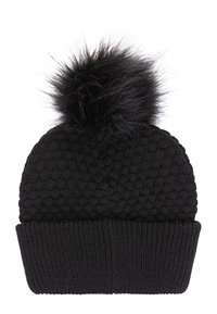 Black knitted beanie hat featuring a textured pattern, a wide ribbed cuff, and a fluffy black pom-pom on top.