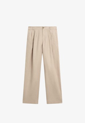 Beige bukser med høj talje, frontplisser, bæltestropper, knaplukning og lige vide ben, ideelle til formelt eller afslappet brug.